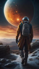 An image capturing an explorer's enigmatic journey, blending futuristic attire with elements of cosmic wonder, as they witness an awe-inspiring celestial event.