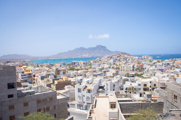 Landscape View to the main port and city, different house of Mindelo on the island of Sao Vicente, Cape Verde Islands, Africa - obrazy, fototapety, plakaty