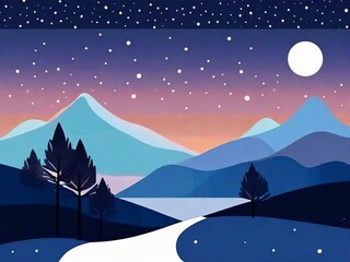 Fototapeta premium Snowy Night Illustration: Magical Winter View