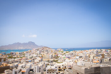 Fototapeta na wymiar Landscape View to the main port and city, different house of Mindelo on the island of Sao Vicente, Cape Verde Islands, Africa