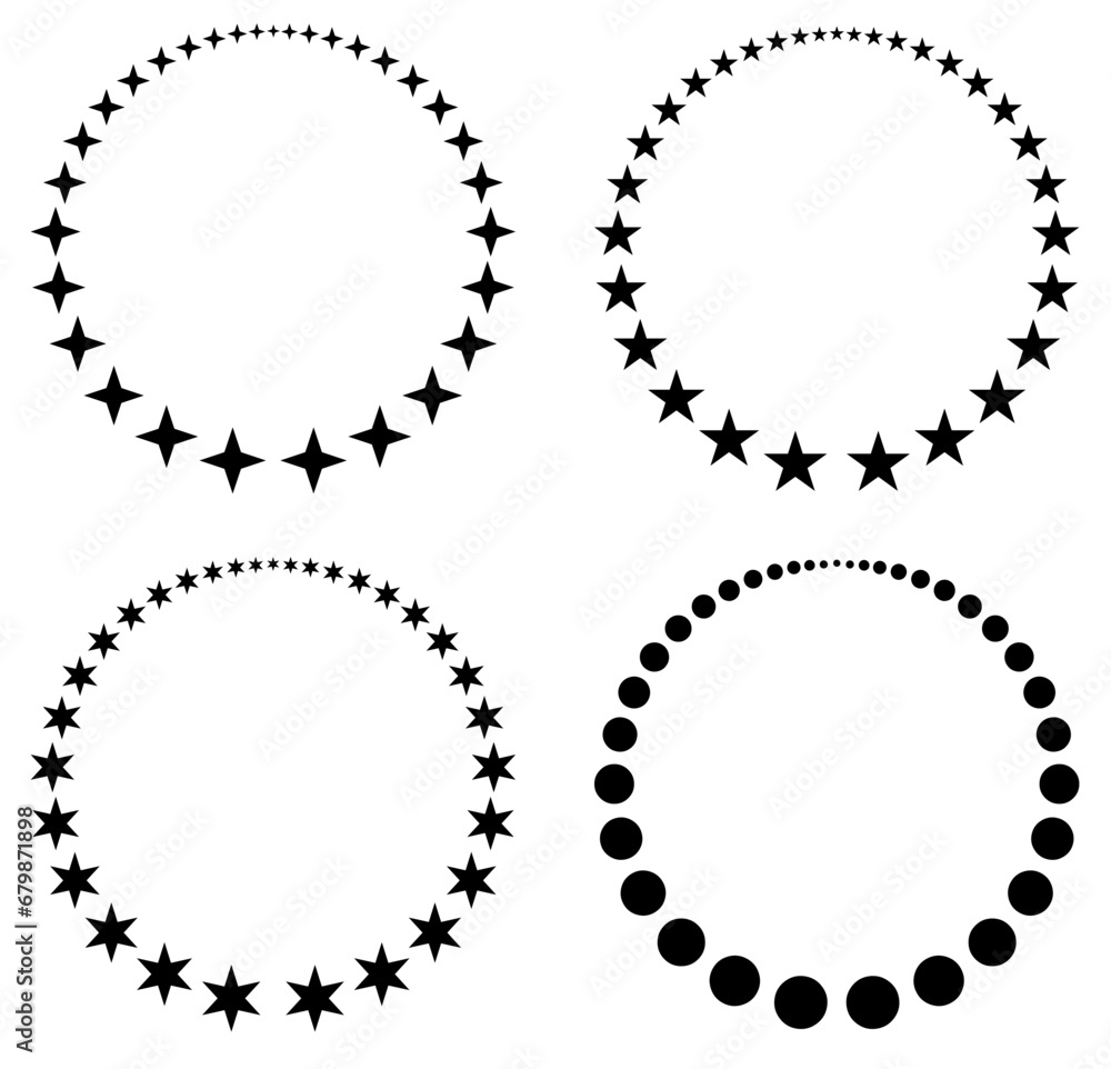 Poster set of four unusual vector round frames made from little different sized stars and dots