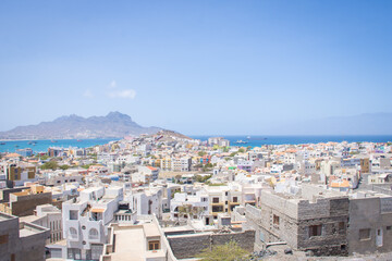 Landscape View to the main port and city, different house of Mindelo on the island of Sao Vicente, Cape Verde Islands, Africa