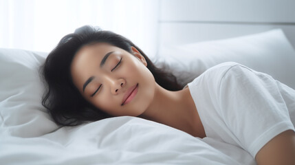 portrait of a woman sleeping in bed - obrazy, fototapety, plakaty