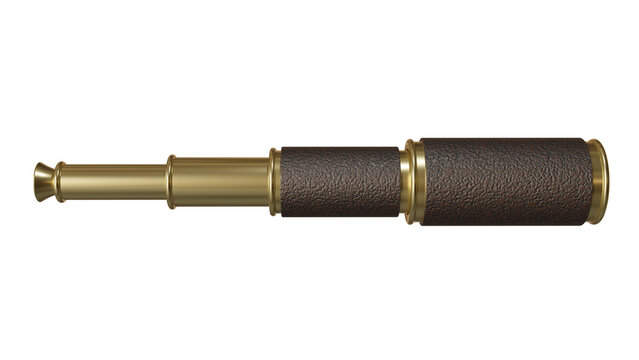 Brass antique monocular or spyglass isolated on transparent and white background. Optics concept. 3D render