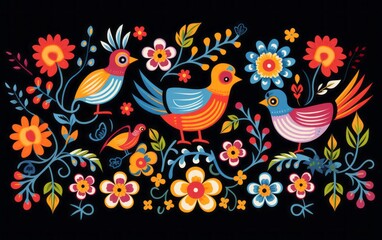 Obraz premium Colorful Birds in a Mystical Garden, Traditional Folk Illustration
