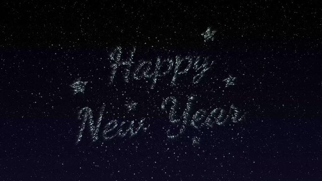 Fireworks and text Happy New Year on the background of the night sky. Elegant Holiday 4K animation. Explosion of Magic particles and sparks.