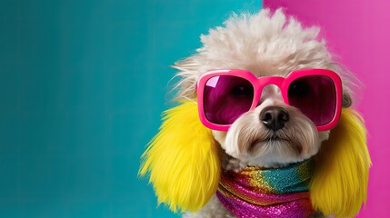 Dog with a scarf and sunglasses on bright colored background with copy space