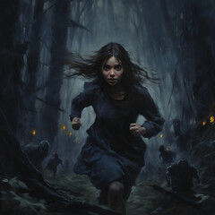 A Painting of a Girl Running Through a Dark Nightmare Forest While Being Chased By Creatures - obrazy, fototapety, plakaty