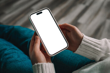cell phone blank white screen mockup.woman hand holding texting using mobile at office