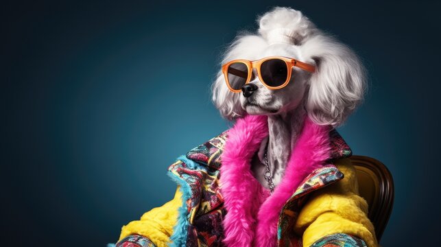 Dog wearing a coat and sunglasses with funny haircut on beight colored background with copy space