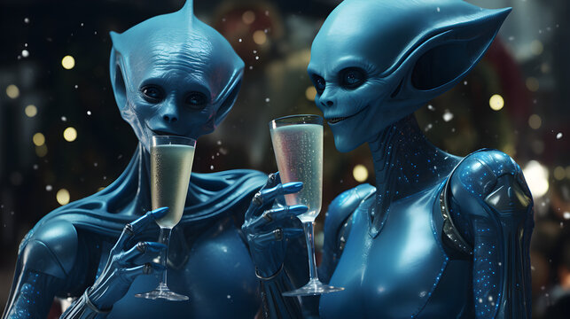 two happy aliens hold glass of champane on Christmas background
