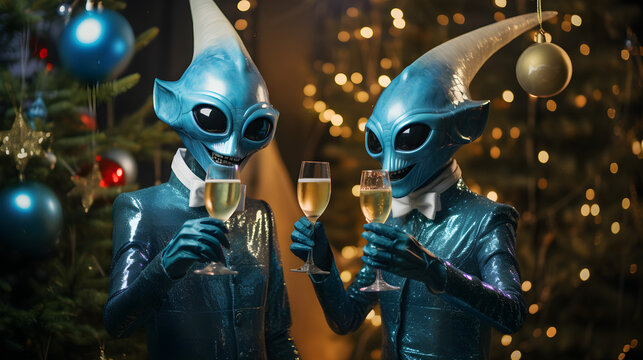 two happy aliens hold glass of champane on Christmas background