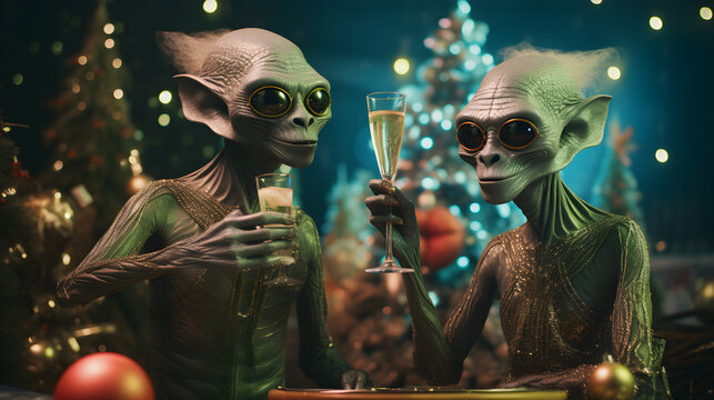 two happy aliens hold glass of champane on Christmas background