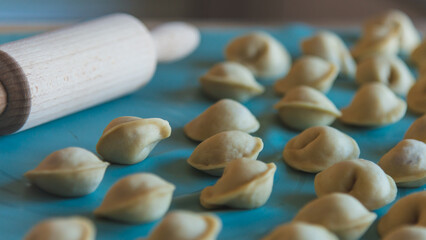 Raw dumplings and wooden rolling pin on green silicone dough mat. Closeup view