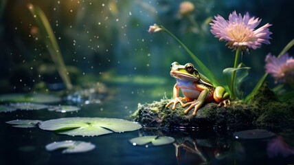 Green frog sitting at a pond created with Generative AI - Powered by Adobe