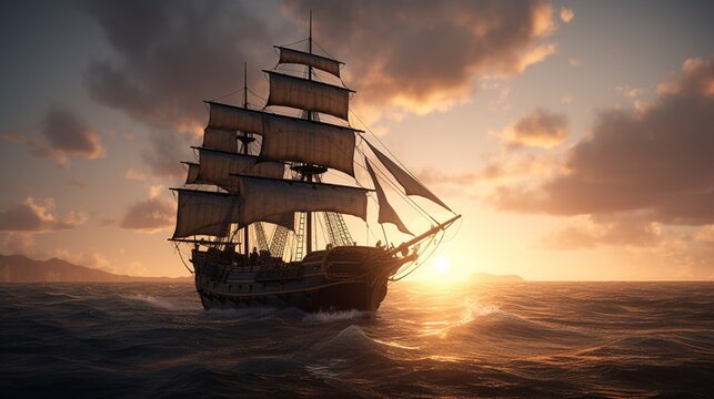 Pirate ship ocean sunset dynamic lighting openart digital painting photography image AI generated art