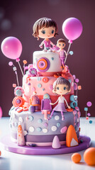 Obraz na płótnie Canvas Modern design children birthday celebration cake. Dolls theme. Beautiful cake with lots of dolls for little ladies.