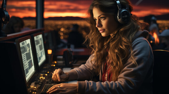 Woman In Headphones Working On Computer In Dark Room