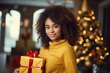 Obraz na płótnie Canvas Pretty African-American woman holding gift box, pleasant Christmas surprise. Winter Holiday celebration