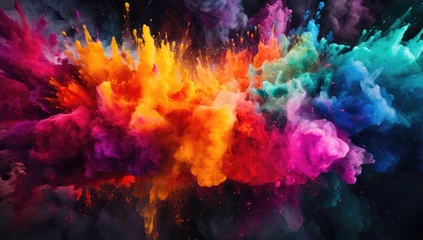 Fotobehang colorful colored powder exploding in the air above black background Generative AI © SKIMP Art