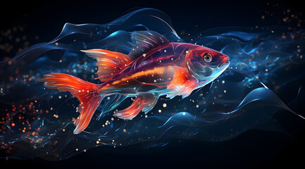 Glowing abstract fish with light trails in a serene underwater scene. Abstract wallpaper background. - obrazy, fototapety, plakaty