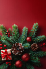 Fototapeta na wymiar Merry Christmas and New Year holidays background. Green fir tree branches with Christmas decoration baubles on red background