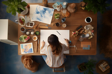 Junge Frau sitzt sitzt am Schreibtisch und arbeitet, Vogelperspektive, Konzept Home Office, Arbeiten von zuhause, erstellt mit generativer KI - obrazy, fototapety, plakaty