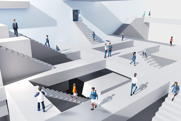 Lots of business people running up and down stairs in an abstract business environment, business busy life, working together concept. 3D rendering illustration