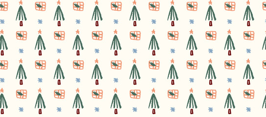 Whimsical Hand-Drawn Christmas Pattern: Festive Holiday Decorations in Soft Pastel Colors, Ideal for Backgrounds, Textiles, and Design Projects. Vector Illustration.