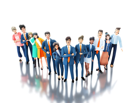 Successful business team are posing for corporate shoot in office. 3D rendering illustration