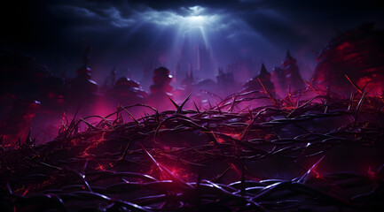 Barbed wire shines with a menacing red glow, creating a surreal digital boundary.