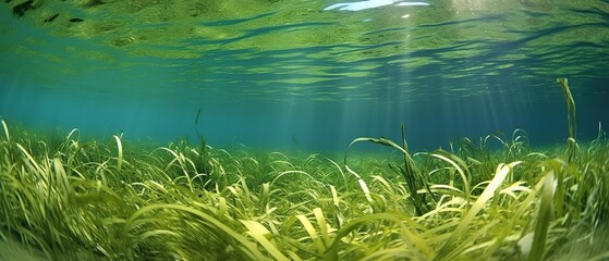 Naklejka na ściany i meble Underwater view of a group of seabed with green seagrass