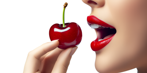 Woman smiling mouth with Cherry fruit, created by generative AI technology