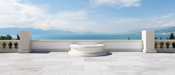 Fototapeta na wymiar White marble podium with sea view on background
