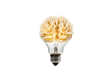 a high quality stock photograph of a Brain shaped filament light bulb. Conceptual illustration for idea, creativity, solution, innovation, invention, inspiration, imagination isolated on a white backg