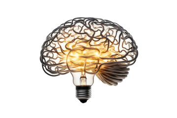 a high quality stock photograph of a Brain shaped filament light bulb. Conceptual illustration for idea, creativity, solution, innovation, invention, inspiration, imagination isolated on a white backg - obrazy, fototapety, plakaty