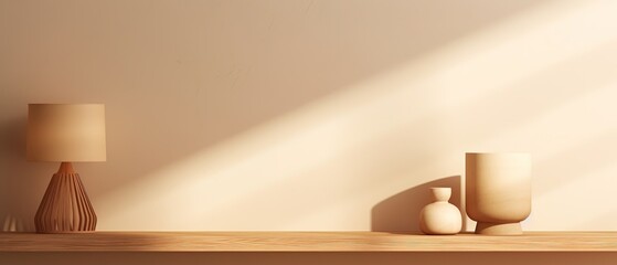 Wooden product stand with beige wall background and shadow from sunlight