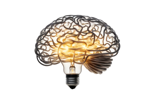 a high quality stock photograph of a Brain shaped filament light bulb. Conceptual illustration for idea, creativity, solution, innovation, invention, inspiration, imagination isolated on a white backg