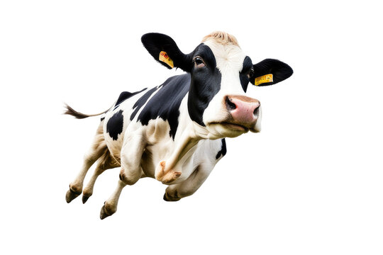 a high quality stock photograph of a single flying satisfied happy cow isolated on a white background