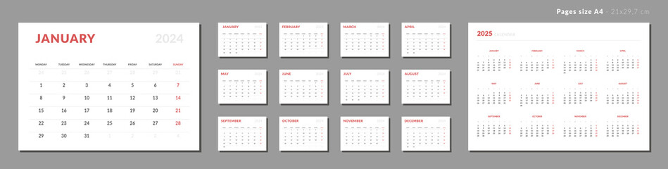 Set of Monthly page Calendar Planner Template 2024 and annual calendar of 2025. Vector layout of a wall or desk calendar with week start Monday. Pages for size A4. Isolated Calendar grid for print