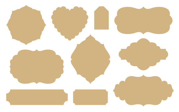 Retro labels cut file. Vintage tag templates. Old-fashioned ornate die-cut shapes for cardboard, paper, scrapbooking. Vector insignia for wine badge, food label, sale sticker, holiday gift card tags.