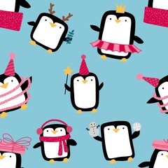 Obraz premium Cartoon penguin seamless Christmas animals pattern for wrapping paper and fabrics and linens and kids clothes