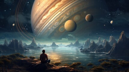 Journey to Jupiter. The man sitting on a stone overlooking planets. Generative AI. - obrazy, fototapety, plakaty