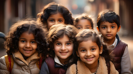 school children Smiling child looking at camera with friends, India children