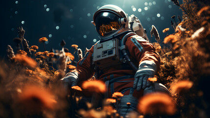 An astronaut sits among the flowers. The sky has stars from space.