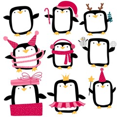 Cartoon penguin set Christmas animals for wrapping paper and fabrics and linens and kids clothes