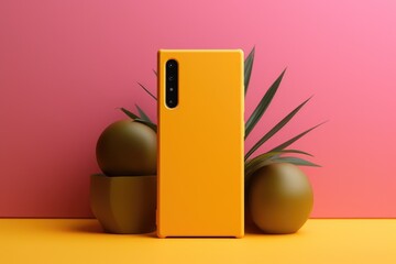 bright yellow smartphone with a silicone case on a dual-tone pink and yellow background with decorative spheres - obrazy, fototapety, plakaty
