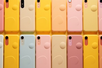 array of silicone phone cases in varying shades of yellow and peach, neatly organized for display
