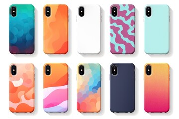 collection of vibrant silicone phone cases featuring various patterns and solid colors displayed in a grid arrangement