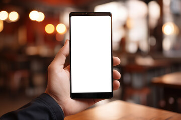 hand displays a smartphone with a blank screen in a blurred warmly lit cafe setting